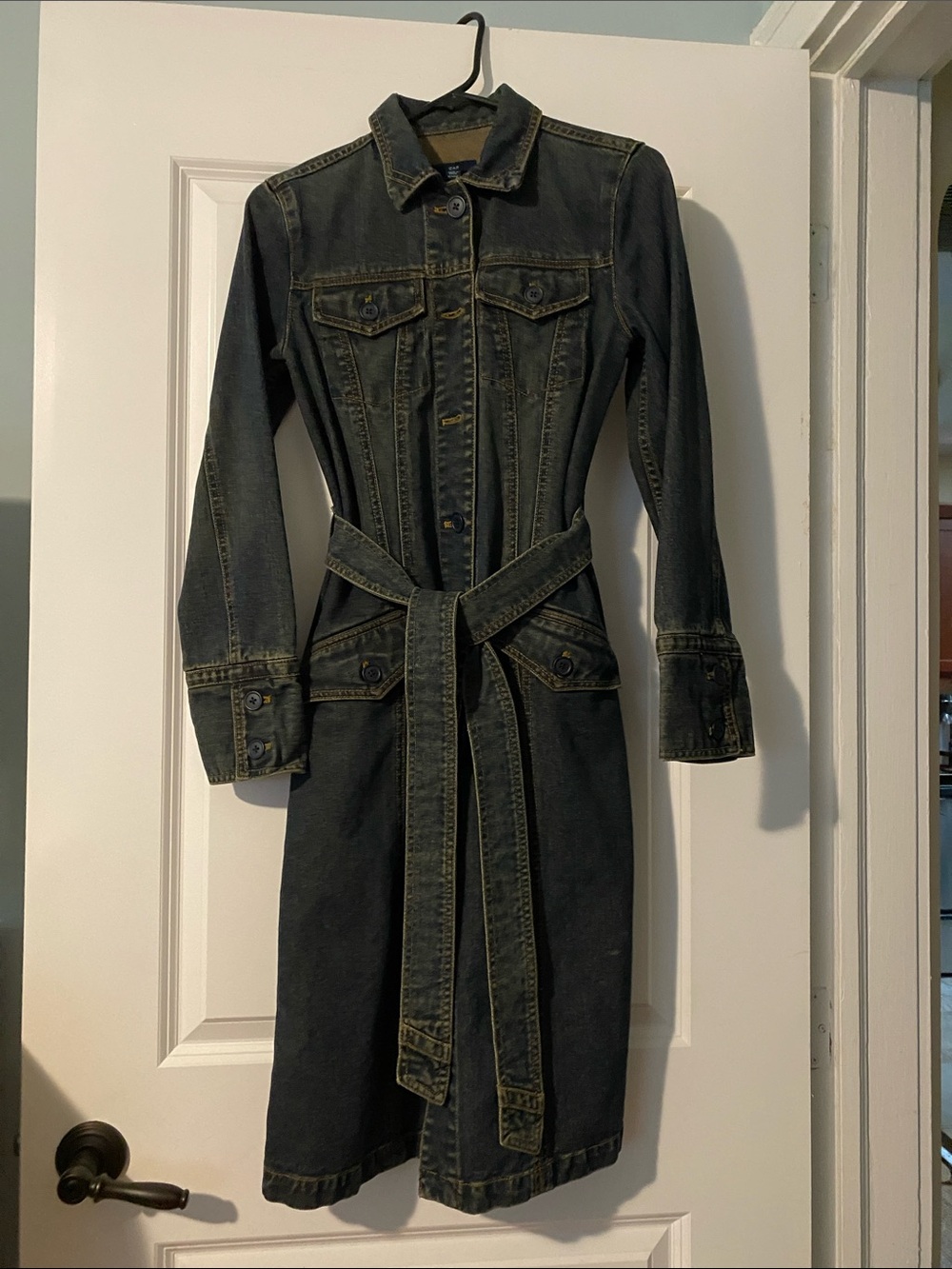 Vintage Dark Wash Long Denim Coat with Waist Tie - Women's